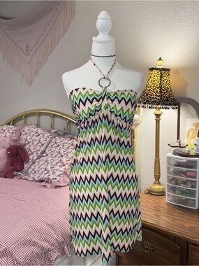 Y2K Halter Strapless Sundress in Green, Navy & Cream